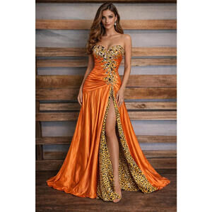 Tony Bowls Strapless Orange Satin Gown Leopard Print Lining & High Slit sz 6